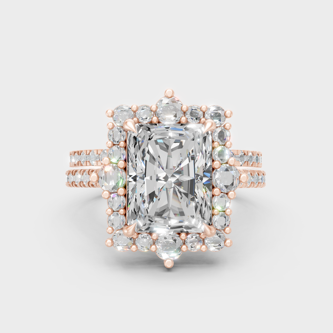 Romantic 18K Rose Gold Bridal Set With A 4.23 Carat Radiant Lab Diamond